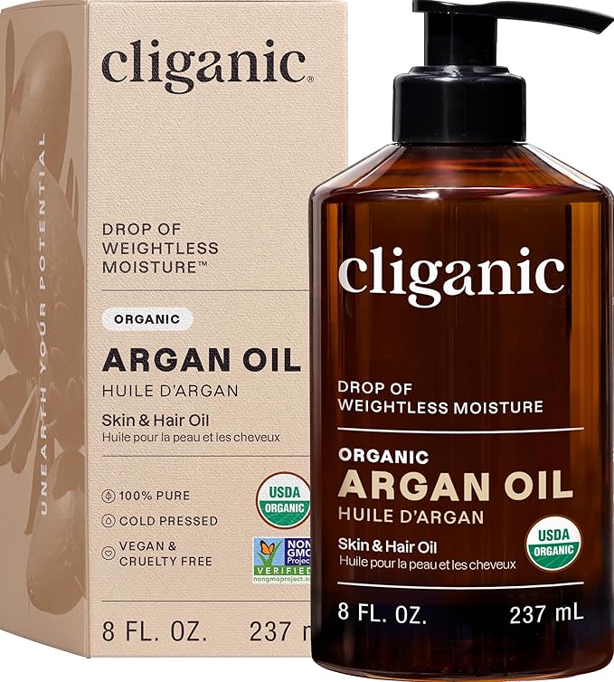Cliganic Organic Argan Oil 8oz with Pump, 100% Pure - for Hair, Face & Skin