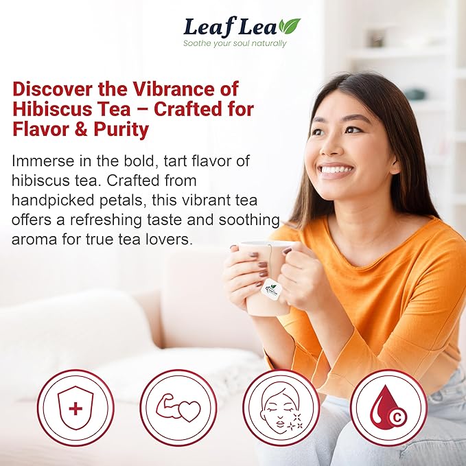 LeafLea 40 Premium Natural Hibiscus Tea Bags, 100% Pure from Hibiscus Flowers, Caffeine-Free Herbal Tea, Hibiscus Flower Tea Rich in Natural Goodness and Flavor, No Sugar, Gluten-Free, Vegan