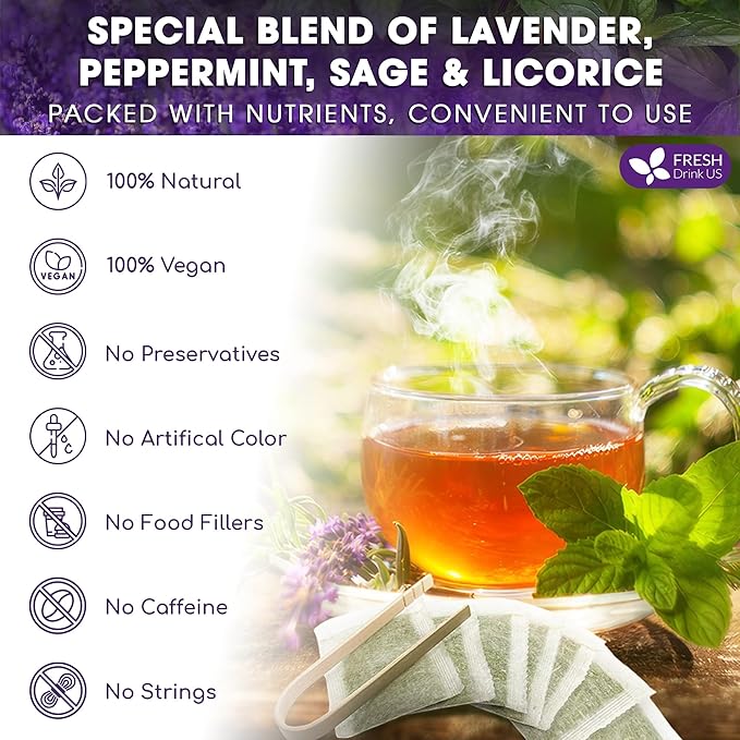 FreshDrinkUS, Premium 135 Tea Bags Lavender Mint Tea, 100% Natural, Blend of Lavender, Peppermint, Sage and Licorice. Made with Natural Material Tea Bags. No Sugar, No Caffeine, Vegan.