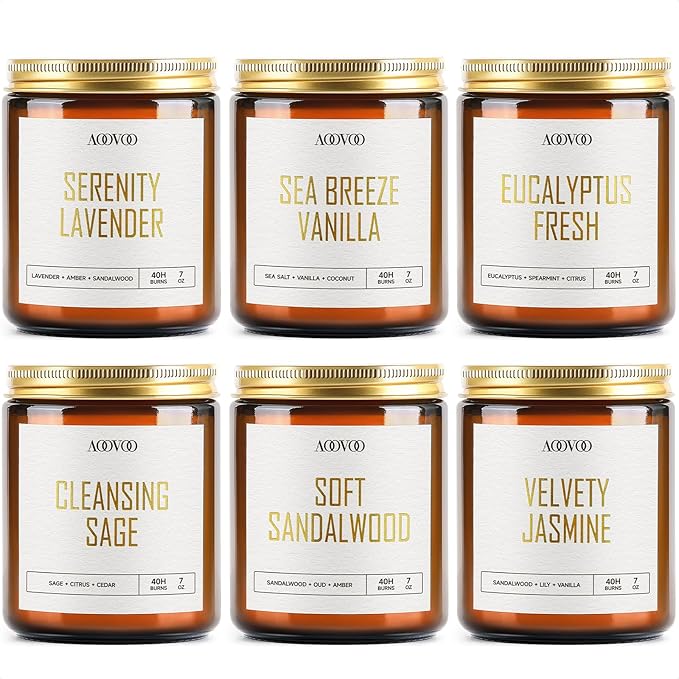 AOOVOO Candles Set - 6PC Scented Candles, Soy Candle, Aromatherapy Candle, Soy Wax Candle, Candle for Home Scented, Lavender/Vanilla/Eucalyptus/Sage/Jasmine/Sandalwood