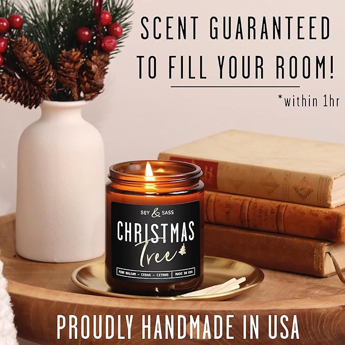 Christmas Tree Candles, Christmas Candles Scented - 'Christmas Tree' Soy Candle w/Balsam, Cedar & Citrus - Infused with Essential Oils I Balsam Pine Candle I 9oz, 50Hr, USA Made