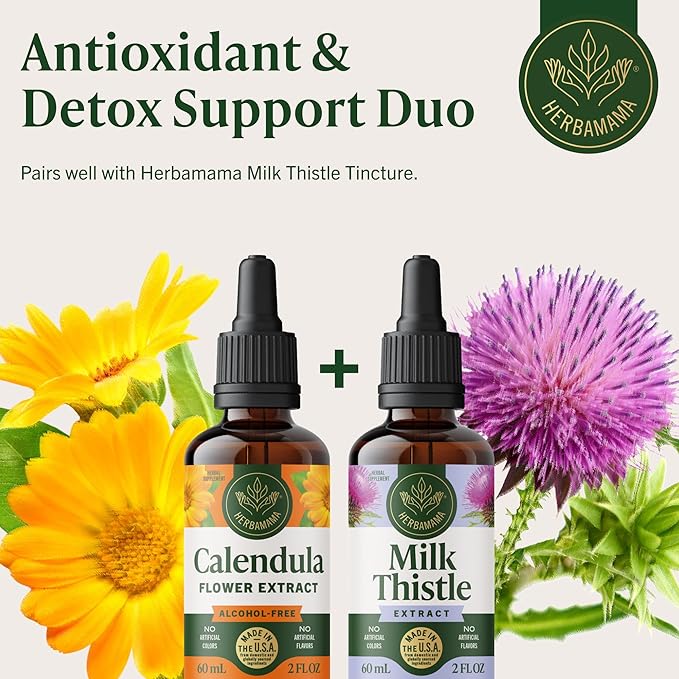 HERBAMAMA Calendula Tincture - Vegan Antioxidant & Detox Support with Calendula Extract Drops - Non-GMO, Alcohol & Sugar-Free Liquid Supplement, 42-Day Supply