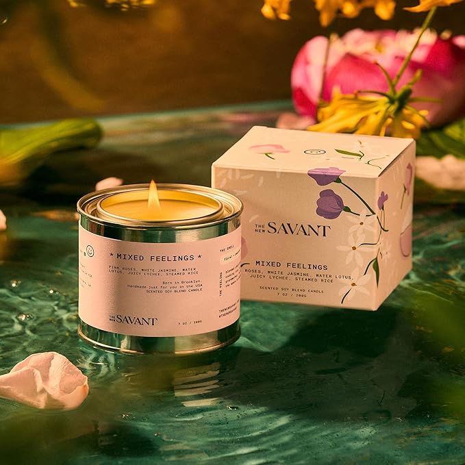 The New Savant Scented Candle - Mixed Feelings - Aesthetic Candle for Home, Pear, Jasmine, Vanilla & Cedarwood, Soy Wax Blend, Vegan & Cruelty-Free, 50-Hour Burn Time - 7oz