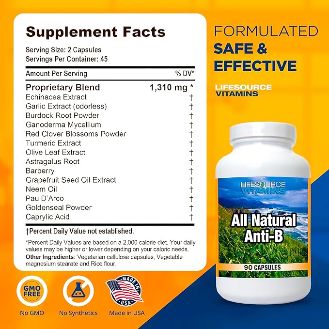 LifeSource Vitamins All Natural Anti-B for Immune Support, 14 All Natural Ingredient with Echinacea & Garlic Extract, 180 Immune Defense Capsules