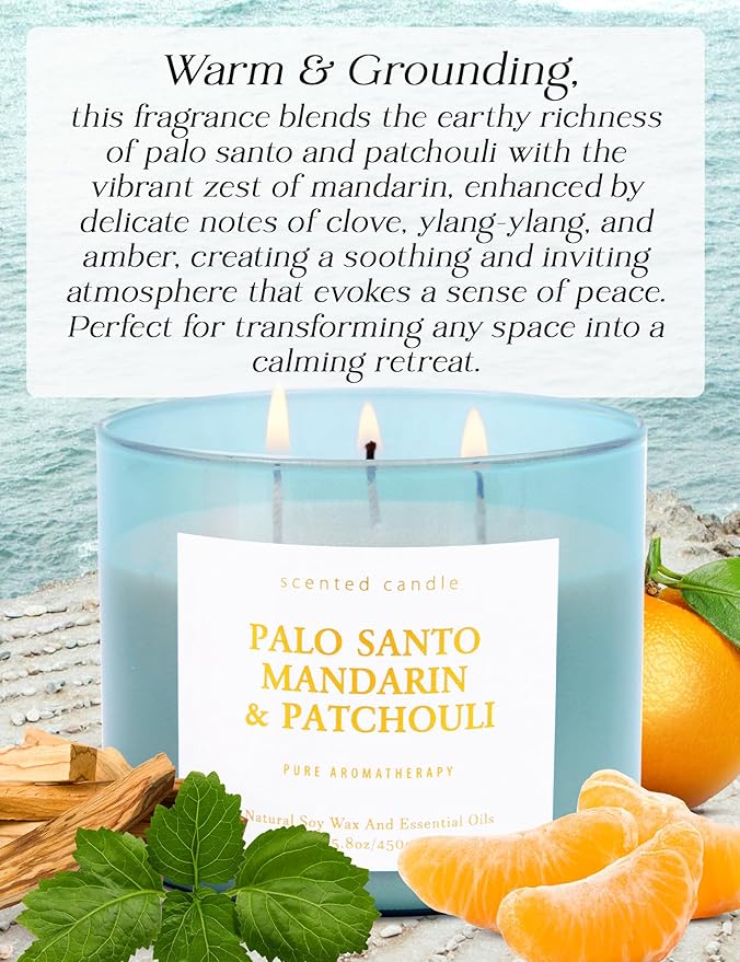 Palo Santo Mandarin Patchouli 3 Wick Candle - Large Soy Scented Candle 15.8 oz - Calming Home Aromatherapy Candle for Women & Men - Long Lasting Clean Burn - Stress Relief Candle