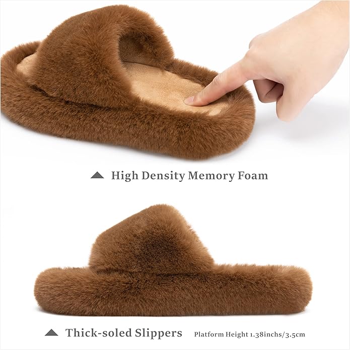 Chantomoo Women's Blue Memory Foam Faux Fur Lined Open Toe Slippers for Women - US 12