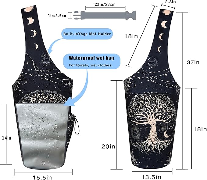 Yoga Mat Bag - Large Opening Long Tote Yoga Mat Carrier Holder Bag with Waterproof Wet Zipper Pocket and Drawstring Water Bottle Pocket - Yoga Bag Fit Most Size Mats