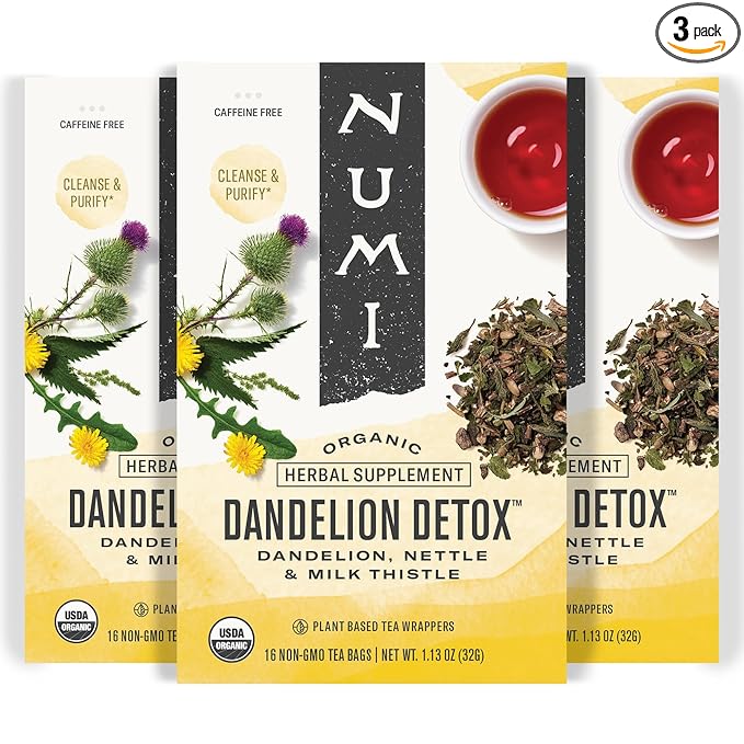 Numi Organic Dandelion Detox Herbal Tea 48 Tea Bags Caffeine‑Free Blend with Dandelion Root & Leaf Nettle Burdock Red Clover Milk Thistle Lemon Peel Cardamom & Lemon Myrtle for Gentle Cleanse