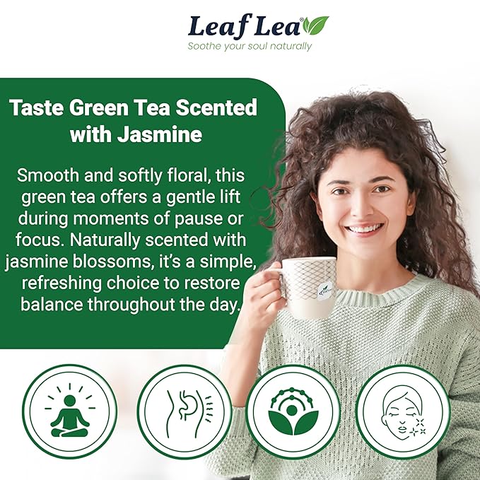 LeafLea 40 Jasmine Green Tea Bags, Premium Green Tea Scented with Jasmine Flowers for Gentle Support & Light Alertness, Floral Smoothness, Caffeinated, Sugar-Free, Non-GMO, Vegan, Individually Wrapped
