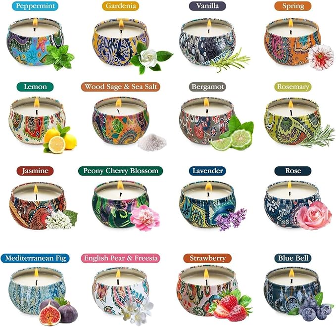 Set of 16 Small Scented Candles Soy Wax Aromatherapy Candles 2.5 OZ Portable Tin Candles with Lid, Relaxation Gifts Basket for Mother, Women, Friends and Coworkers