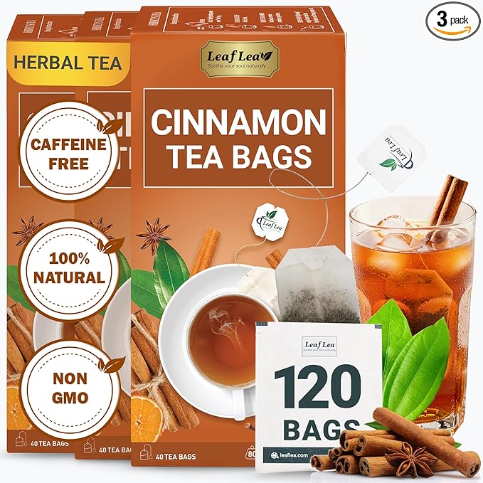 LeafLea 120 Cinnamon Tea Bags, Premium Herbal Tea with Ground Cinnamon Sticks, Spiced and Soothing Flavor for Relaxation, Caffeine-Free, Sugar-Free, Non-GMO, Vegan