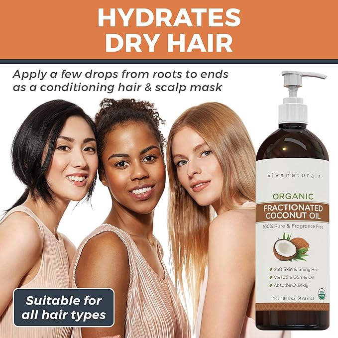 Viva Naturals Organic Fractionated Coconut Oil, 16 fl oz – Skin & Hair Moisturizer, Massage Oil, Carrier Oil for Essential Oils