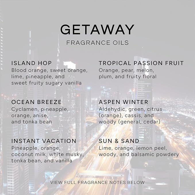 Get Away Gift Set of 6 Premium Grade Fragrance Oils - Island Hop, Ocean Breeze, Tropical Passion Fruit, Aspen Winter, Instant Vacation, Sun & Sand - 10Ml - Scented Oils