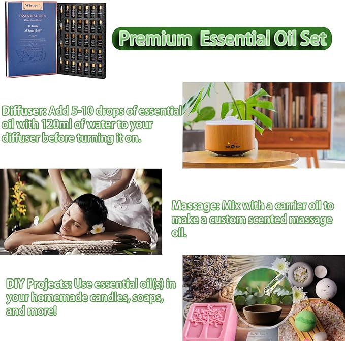 Essential Oils Set-Essential Oils-Perfect for Diffuser, Humidifier,Aromatherapy, Massage,Soap Making,Skin & Hair Care,30x5 ml