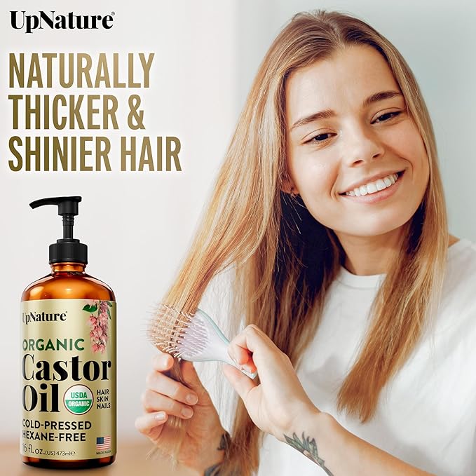 UpNature Castor Oil Organic - 100% Pure USDA Certified Organic Castor Oil for Face Hair Skin - 16oz Amber Glass Bottle, Hexane Free