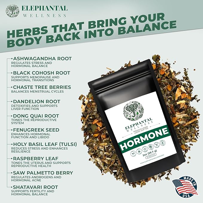 Elephantal Wellness Premium Hormone Herbal Tea | PCOS, Hormonal Balance & Mood Support with Chaste Berry, Shatavari, Dong Quai & Black Cohosh | Handmade, Non-GMO, Caffeine-Free Loose Leaf Blend | 2oz Loose Leaf, 20 Servings