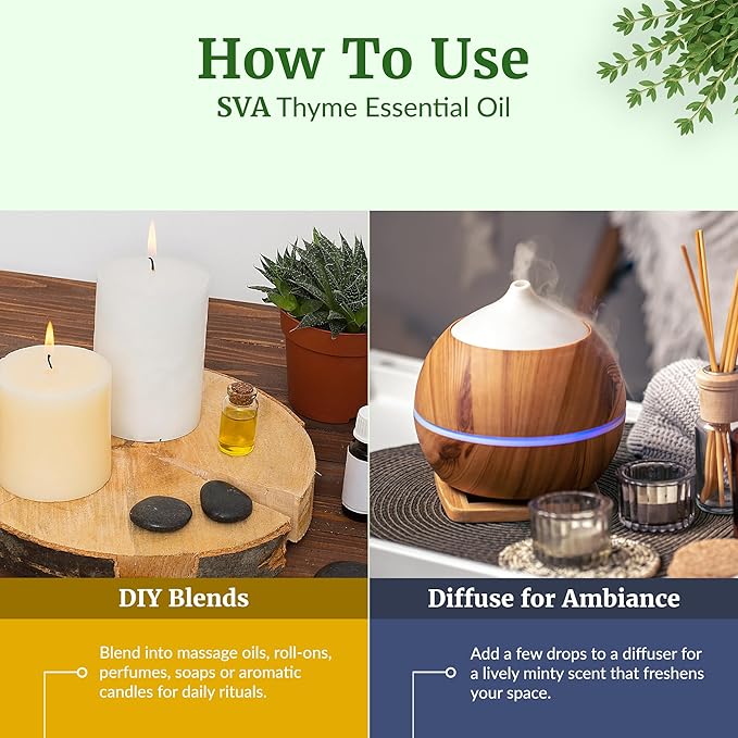 SVA Thyme Essential Oil – 4 Fl Oz – 100% Natural Thyme Oil - for Diffuser, Hair Care, Face, Skin Care, Aromatherapy, Scalp and Body Massage, Soap and Candle Making – with Dropper