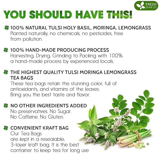 FreshDrinkUS, Premium 55 Tea Bags Tulsi Moringa Lemongrass, 100% Natural & Pure from Tulsi Holy Basil Leaves, Moringa & Lemongrass. Made with Natural Material Tea Bags. No Sugar, No Caffeine, Vegan.
