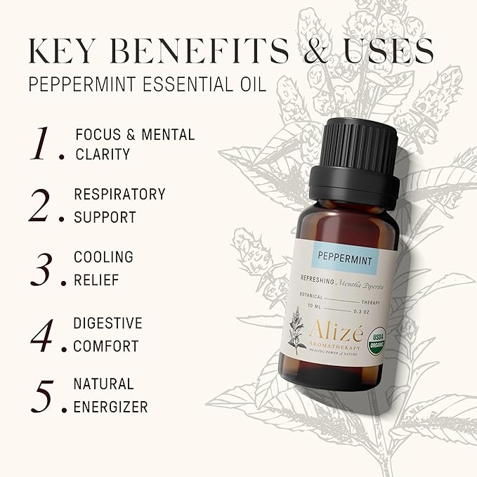 Organic Peppermint Essential Oil, Peppermint Oil Spray for Bugs, USDA Certified Organic 100% Natural & Pure Essential Oil for Diffuser for Home, Aromatherapy Oils, Diffuser Oil Scents, 10ml-0.33 fl oz