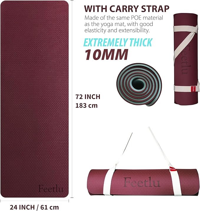 Feetlu Extra Thick Exercise Yoga Mat with Strap - 2/5 Inch (10MM), Non-Slip Workout Mat for Yoga, Pilates, and Floor Exercises