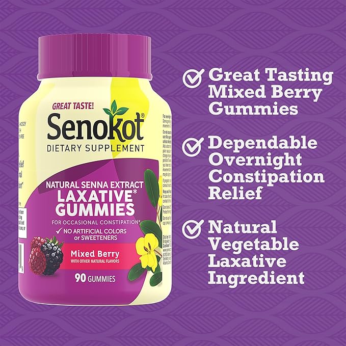 Senokot Dietary Supplement Laxative Gummies, Natural Senna Extract, Gentle, Overnight Relief from Occasional Constipation, Mixed Berry Flavor, 90 Count (Pack of 2)