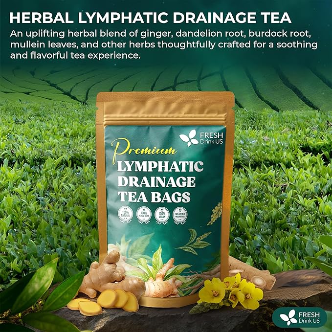 FreshDrinkUS, Lymphatic Drainage Tea | 30 Tea Bags | Herbal Tea Bags with Ginger, Dandelion Root, Burdock Root, Mullein, Calendula, Lemongrass, Rose, Licorice & Tulsi – Caffeine-Free Herbal Blend