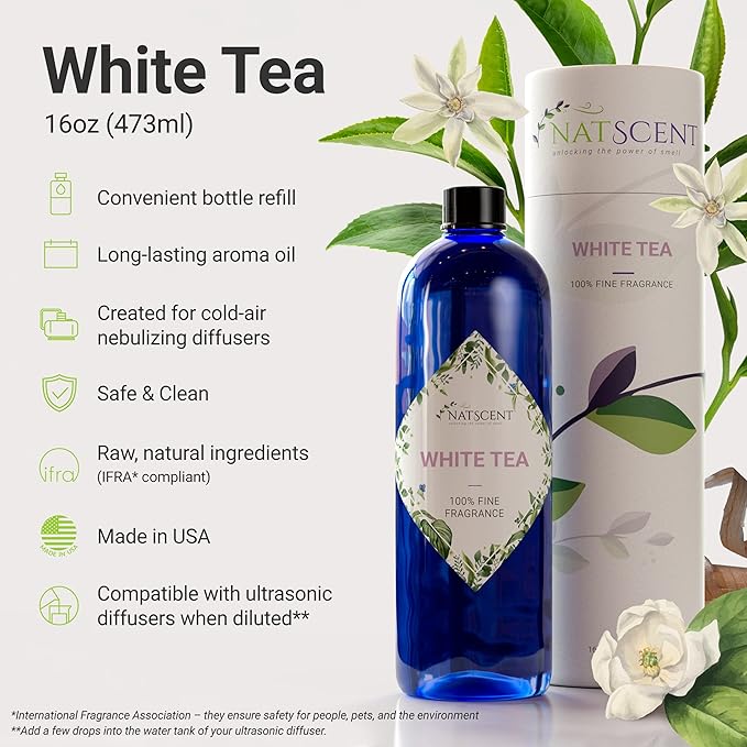 White Tea Essential Oils for Diffusers for Home, Nature-derived White Tea Diffuser Oil, Long-Lasting & Family-Friendly Diffuser Oils Scents, IFRA Certified, Cold Air & Ultrasonic - 16 0z