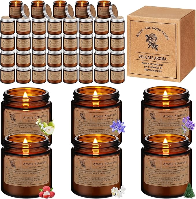 Landhoow 60 Pcs Candles Bulk for Home Scented Soy Aromatherapy Candle Gifts for Women Men 6 Style Lasting 24h English and Pear Freesia, Bluebell, Lavender, Lychee White Tea White Tea Orchid and Forest