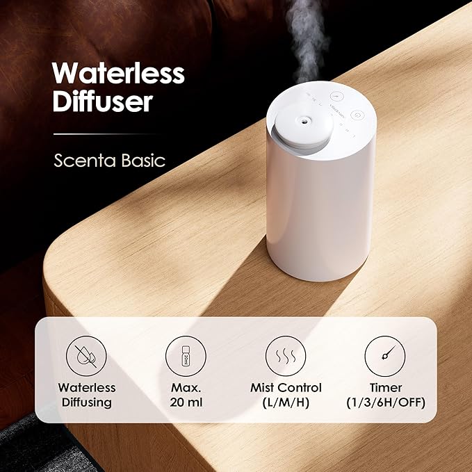 Airversa Waterless Essential Oil Diffuser Starter Kit with 4 x 10mL Fragrance Scent Oil, Battery Operated Mini Scent Air Machine Portable Diffuser for Home Car Office, AN6 White Kit01
