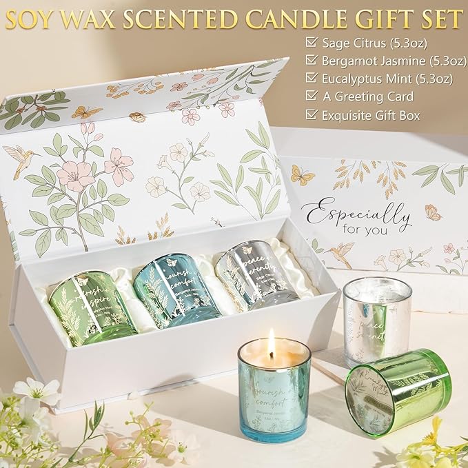 Scented Candles for Women, 3 Pack Candle Sets Soy Candles for Home Scented Holiday Votive Candle Gifts Set, Valentine's Day Birthday Gifts for Women Her - Eucalyptus Mint/Bergamot Jasmin/Sage Citrus