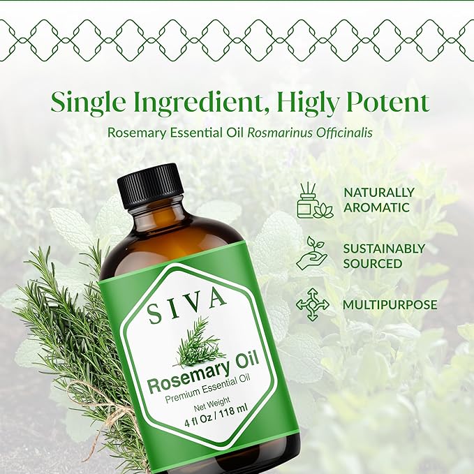 Siva Rosemary Essential Oil - 4 Fl Oz – 100% Natural Rosemary Oil - for Diffuser, Face, Skin Care, Aromatherapy, Hair Care, Scalp and Body Massage - with Dropper