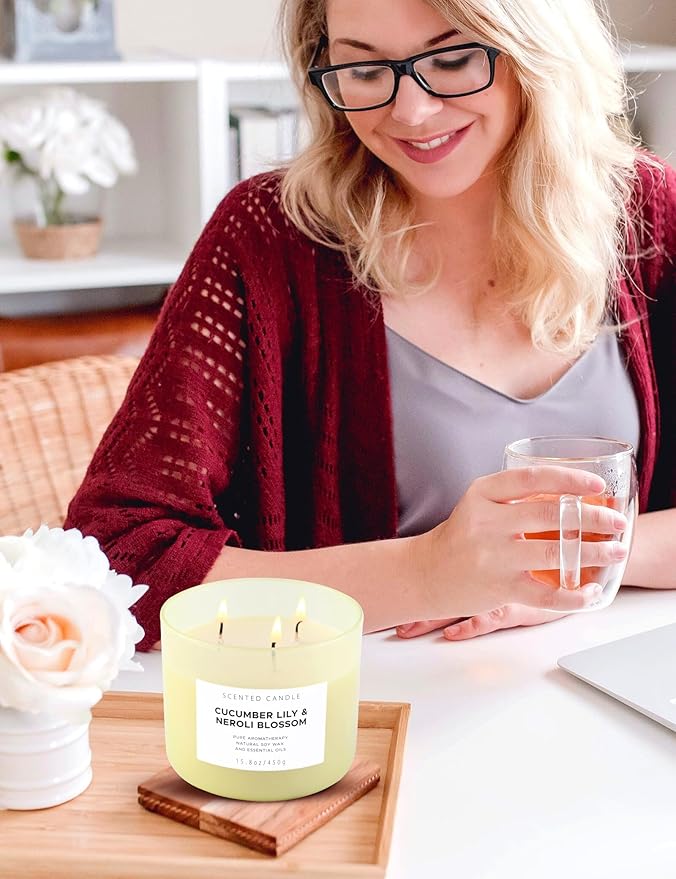 Cucumber Lily & Neroli Orange Blossom 3-Wick Soy Scented Candle, 15.8 oz | Spa Fresh Aromatherapy Candle | Large Scented Candle for Home, Long Lasting & Clean Burning