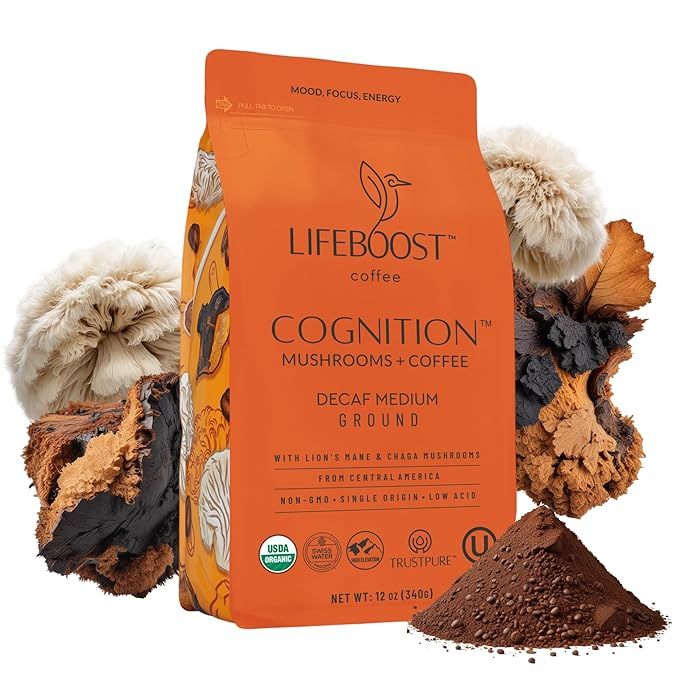 Lifeboost Cognition Decaf Mushroom Coffee - Low Acid Decaf Medium Organic Coffee with Lions Mane & Chaga Mushrooms - Increase Energy, Boost Focus & Immune Support - 12 oz Bag - Ground