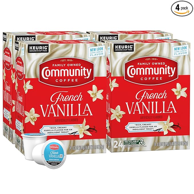 Community Coffee French Vanilla Flavored 96 Count Keurig K-Cup Coffee Pods, Medium Roast, 24 Count (Pack of 4)