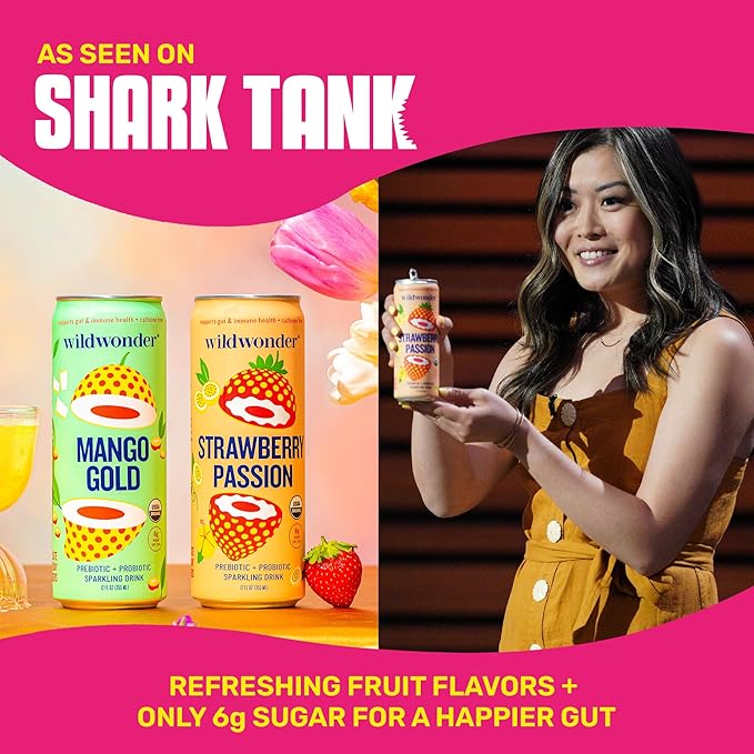 wildwonder Sparkling Probiotic Drink 12pk, For Gut Health & Immune Support, Classic Variety Pack, 5g Prebiotic Fiber, Live Probiotics, Organic, Vegan, Low Sugar, 12 Pack, 12oz Can, Seen on Shark Tank