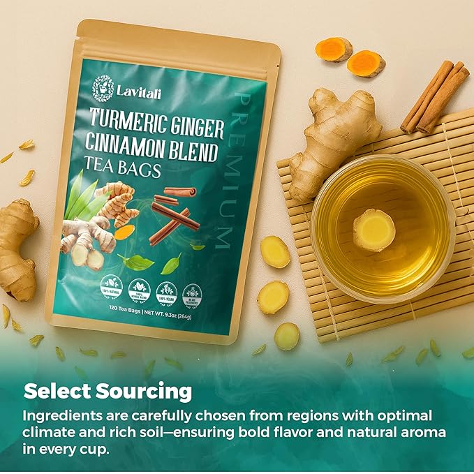Lavitali, Ginger Turmeric Cinnamon Tea | 120 bags, 100% Pure Herbal Tea | Caffeine-Free, No Sugar, Eco-Friendly Filter Bag | Daily Natural Botanical, Hot or Iced Herbal Infusion