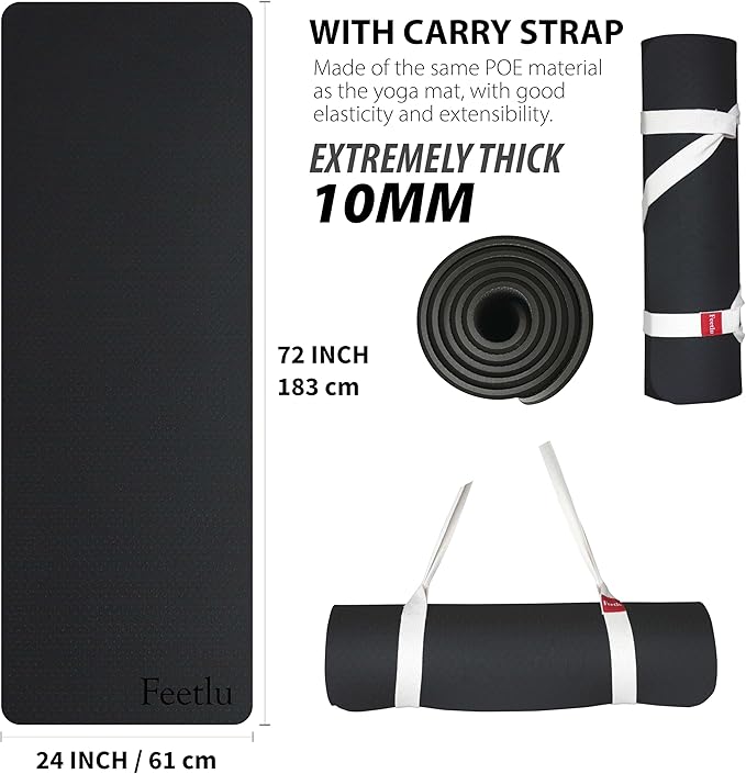 Feetlu Extra Thick Exercise Yoga Mat with Strap - 2/5 Inch (10MM), Non-Slip Workout Mat for Yoga, Pilates, and Floor Exercises