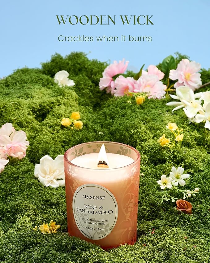 M&SENSE Rose Sandalwood Scented Candle, Cracking Wooden Wick Soy Wax, 18oz 100 Hours Long Lasting Clean Burn, Large Jar Candles for Home Decor, Non-Toxic Relaxing Aromatherapy Gifts for Women