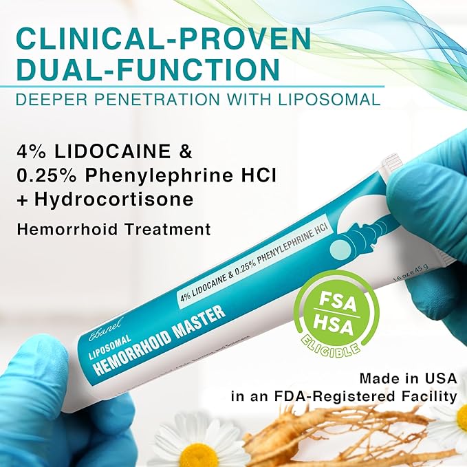 Ebanel 4% Lidocaine Hemorrhoid Treatment Ointment with Phenylephrine, Hydrocortisone, Vitamins B6, D3, E, Zinc Oxide, External and Internal Hemorrhoids Treatment Burn Itch Pain Relief Anal Cream