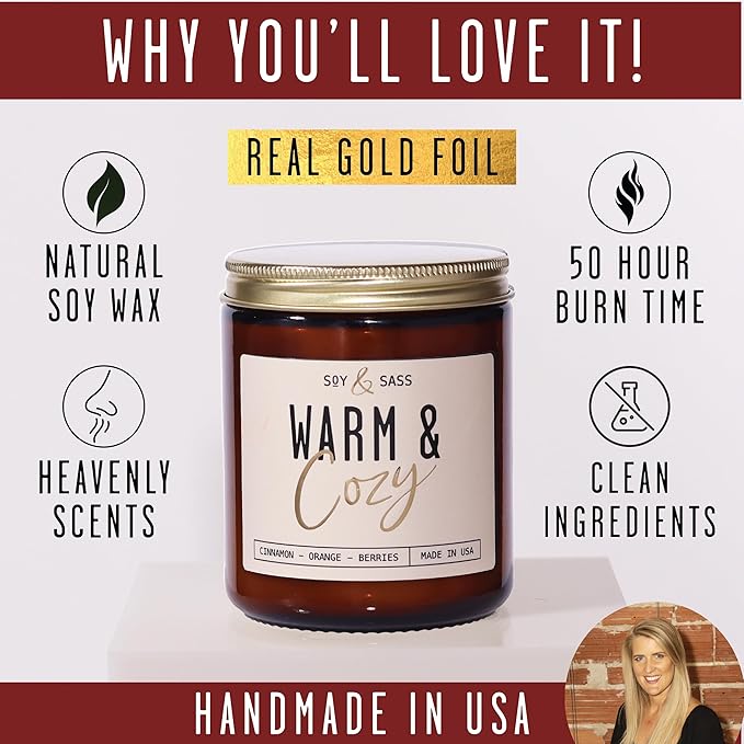 Christmas Candles, Fall Candles, Warm and Cozy' Soy Candle I Berries, Apple & Cinnamon I Infused w/Essential Oils I Warm n Cozy Home Decor I Winter and Holiday Candle I 50Hr Burn I USA Made