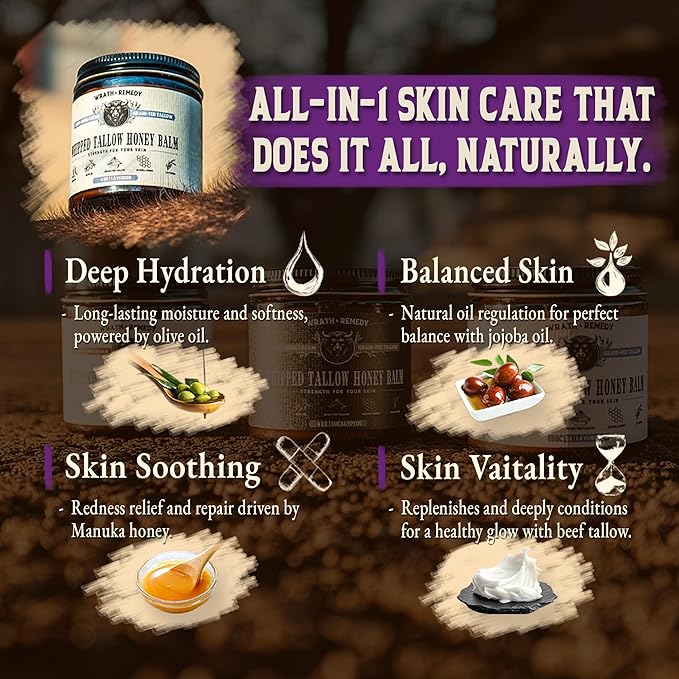 Organic Beef Tallow for Skin - 4 OZ (Lavender) — Grass Fed Beef Tallow for face + Body — US-Made Whipped Tallow and Honey Balm Moisturizer for Dry and Sensitive Skin, Eczema, Rosacea (No Additives)