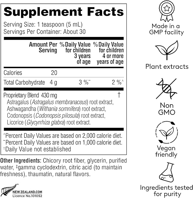 Children's Immune Daily Syrup, Herbal Health & Energy Support with Astragalus, Codonopsis, Ashwagandha & Licorice Root, Sweet Raspberry Flavor, Plant-Based - 5.1 Fl oz (30 Servings)