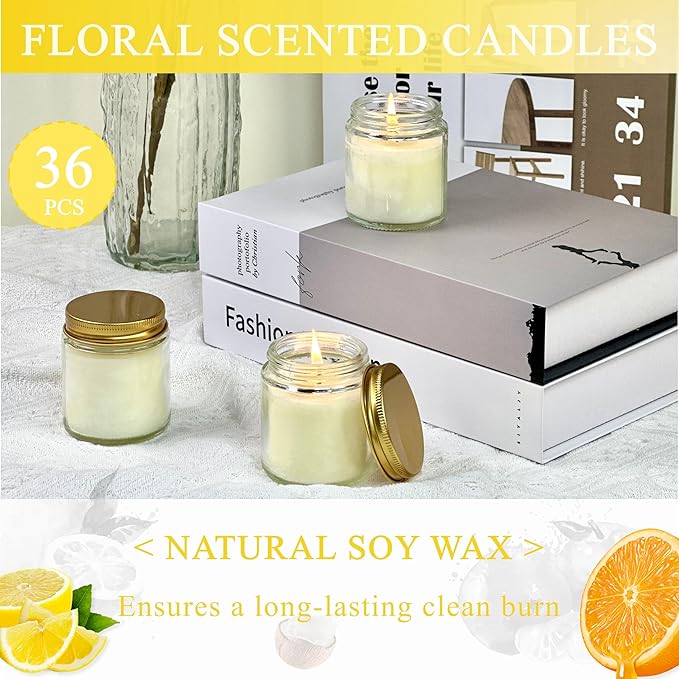 ACITHGL 36 Pcs 4oz Mini Mason Jar Candles Small Scented Candles Bulk Aromatherapy Ideal Souvenir Favors for Wedding Birthday Party (Lemon, Citrus, Coconut Milk, Gold)