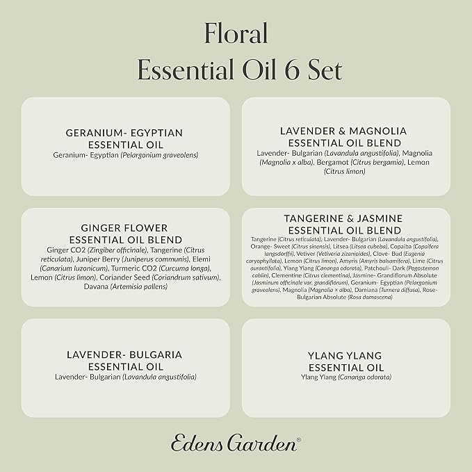 Edens Garden Floral Essential Oils 6 Set – 100% Pure Therapeutic Grade Blends: Geranium, Lavender, Magnolia, Tangerine, Jasmine, Ylang Ylang – No Fragrance Oil - Ideal For Home Diffuser, 10 ml/ 6 Pack