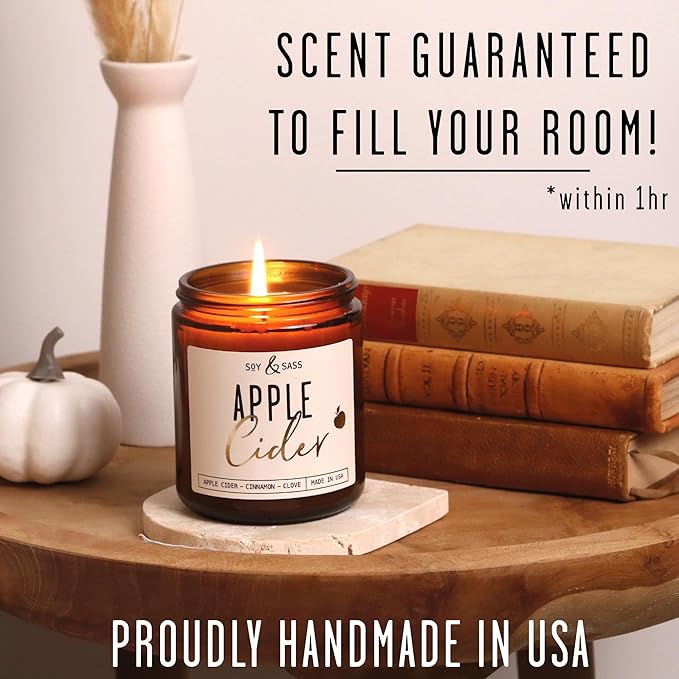 Apple Cider Candle, Fall Candles I Apple Cider, Cinnamon & Nutmeg - Infused with Essential Oils I Mulled Cider Fall Scented Candle (Soy) for Home I 9oz Reusable Jar I 50Hr Burn I Made in USA