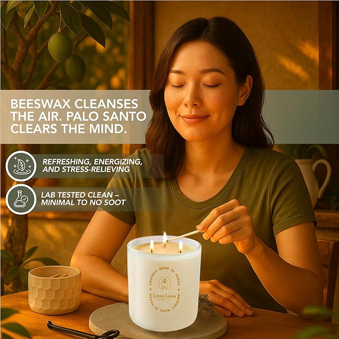 Palo Santo - Palo Santo & Bergamot Pure Beeswax Candle - 90+ Hours Long Burning Classically Designed Non-Toxic Scented Candles for Home Decor and Aromatherapy to Stress & Anxiety Relief - 15 Oz
