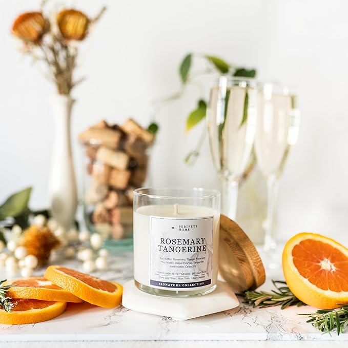 PERIPETI Home Rosemary + Tangerine Scented Candle - Classic Wick, 8.5oz Natural Soy Wax for Energizing Aromatherapy - Long-Lasting Citrus & Herbal Fragrance for Home or Spa