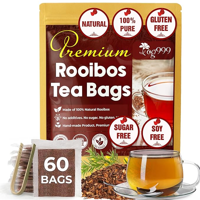 TOG999, Premium 60 Red Rooibos Tea Bags, 100% Natural & Pure from Rooibos Tea Leaves. Loose Leaf Rooibos Herbal Tea. Made with Natural Material Tea Bags. No Sugar, No Caffeine, No Gluten, Vegan.