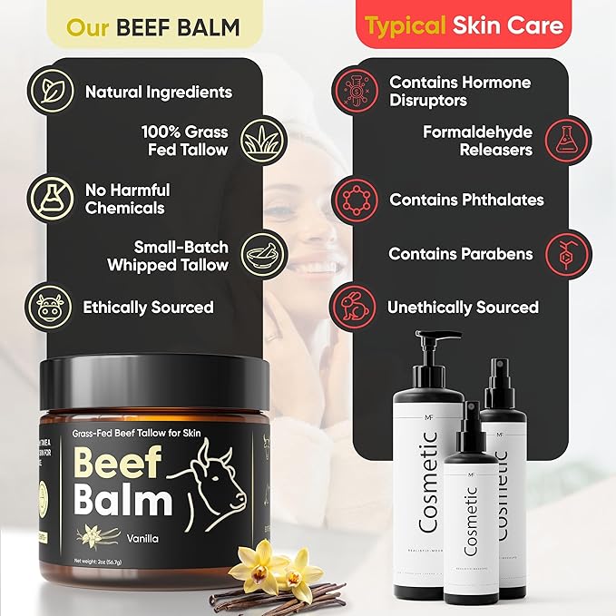 Beef Tallow for Skin – Grass-Fed Tallow Balm, Face & Body Cream, Natural Tallow Lotion for Dry Skin, Anti-Aging, Vanilla Scented (2oz)