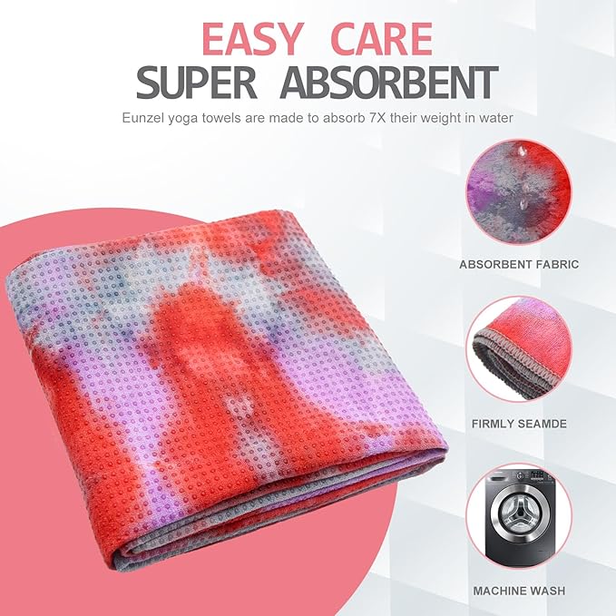 Eunzel Yoga Towel,Hot Yoga Mat Towel with Grip Dots Sweat Absorbent Non-Slip for Hot Yoga, Pilates and Workout 24" x72", Red & Gray